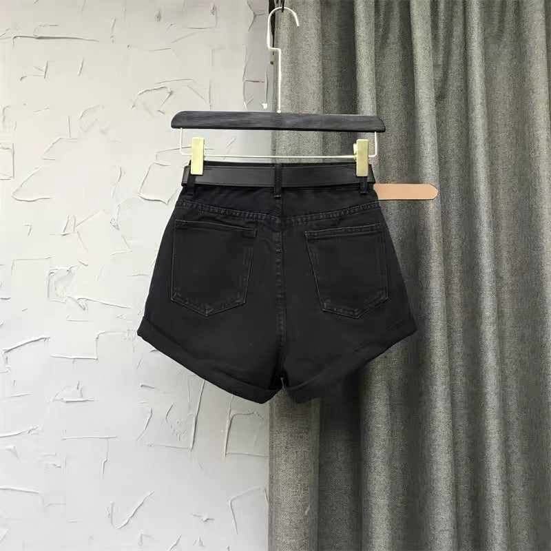 Korean version of women's 2022 autumn new black high-waisted wide-leg pants personality curling A-line hot pants denim shorts W145