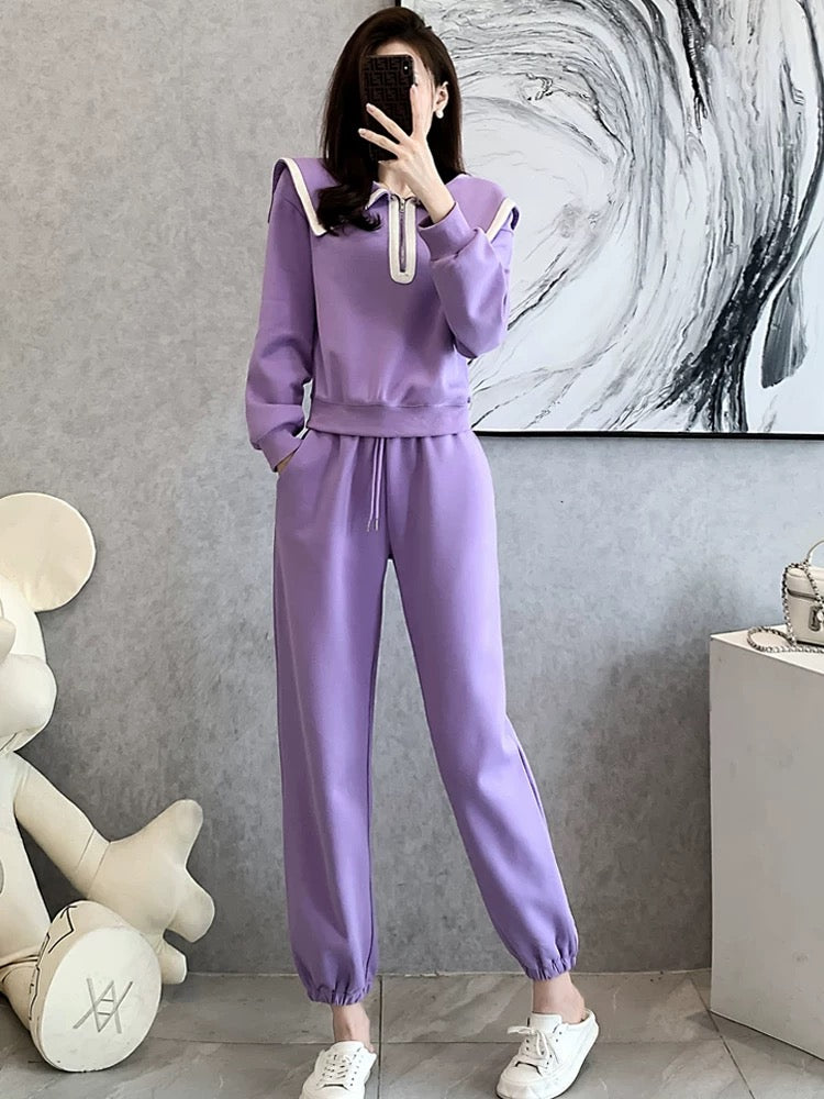 Fashionable fried street sports and leisure suits women's early autumn 2022 new trend lapel sweater Western style purple two-piece suit