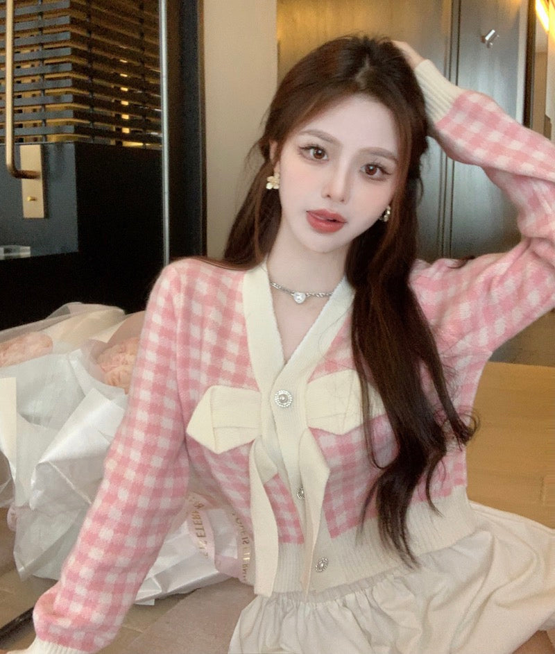 Kalan Yuqi~Korean version of the short style loose outerwear plaid long-sleeved sweater top women's bowknot cardigan sweater