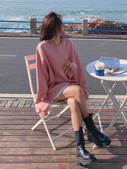 ins Western style age-reducing cute bear pink sweater women's 2022 spring and autumn new lazy style Korean style student top