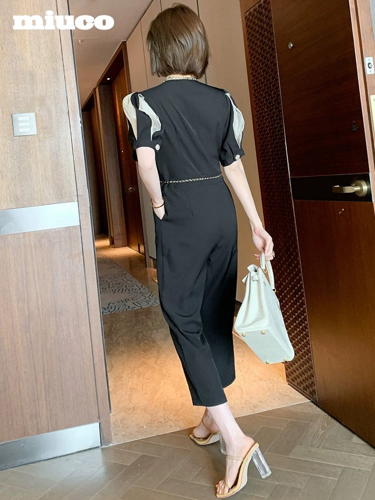 miuco half lapel contrast color stitching is tall and thin commuter wide-leg pants jumpsuit women's 2022 summer K