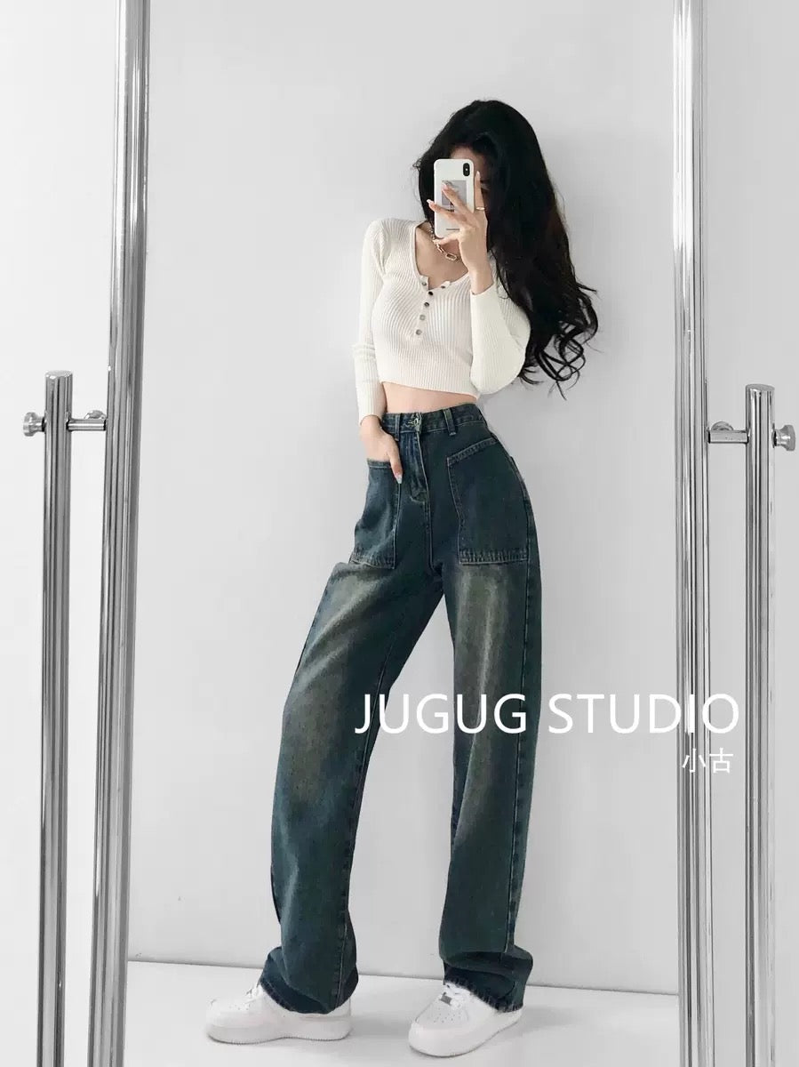 Smoke gray denim overalls women's 2022 summer thin and tall ~ American retro style trousers with slit design