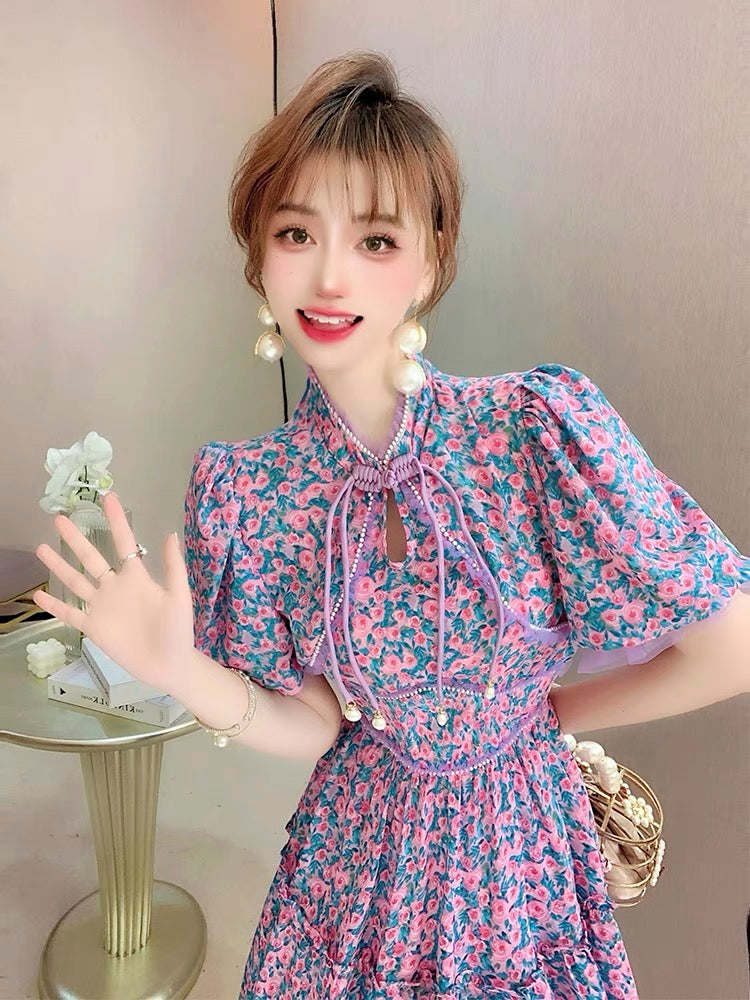 Feijie custom retro temperament dress 2022 summer new women's waist and slim puff sleeve floral skirt