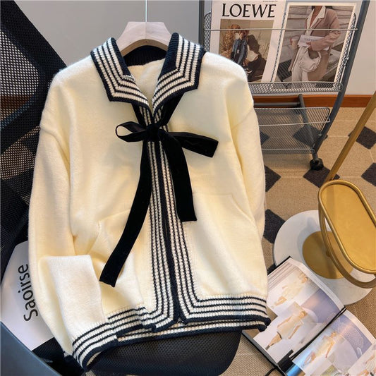 Early autumn new French preppy bowknot color matching lapel knitted cardigan women's lazy loose age-reducing top tide