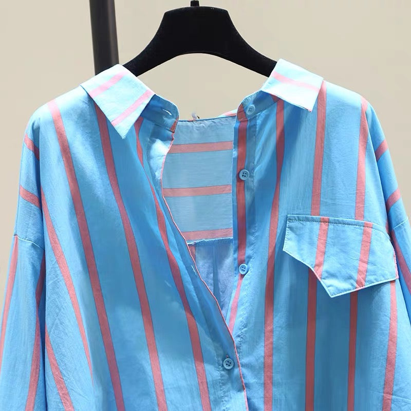 Contrast color striped shirt women's 2022 early spring new Korean version loose casual mid-length shirt long-sleeved top coat