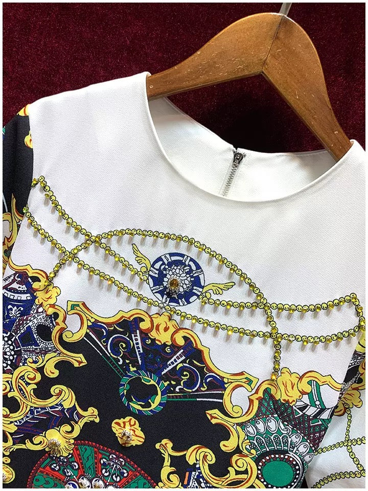 French heavy industry high-end sense of niche short-sleeved printing high-end luxury dress European hot style 2022 new summer