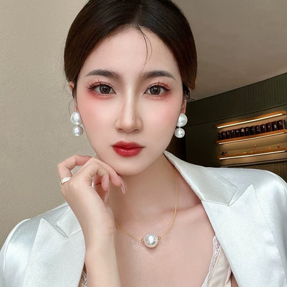 925 silver needle retro Hepburn style large pearl earrings bride female high-end temperament ladies French earrings earrings tide