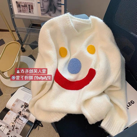 White little snowman smiling face soft waxy sweater women's autumn and winter 2022 new retro Japanese sweet sweater pullover