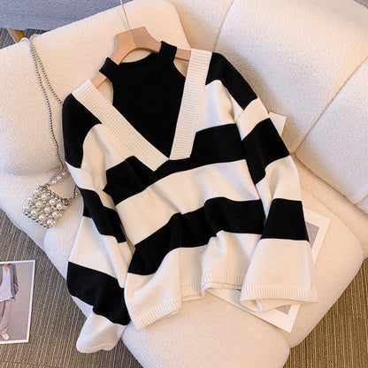 2022 autumn and winter new loose striped off-the-shoulder design soft waxy fake two-piece pullover sweater sweater women's top