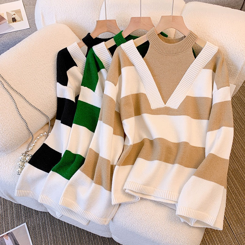 2022 autumn and winter new loose striped off-the-shoulder design soft waxy fake two-piece pullover sweater sweater women's top