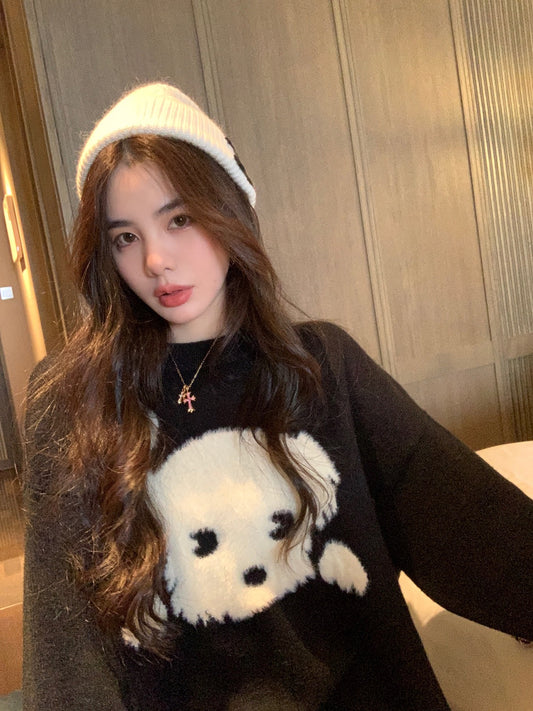 Qiu Rouyao New Round Neck Black Puppy Pattern Pullover Knitwear Small Sweater Women Thickened Winter