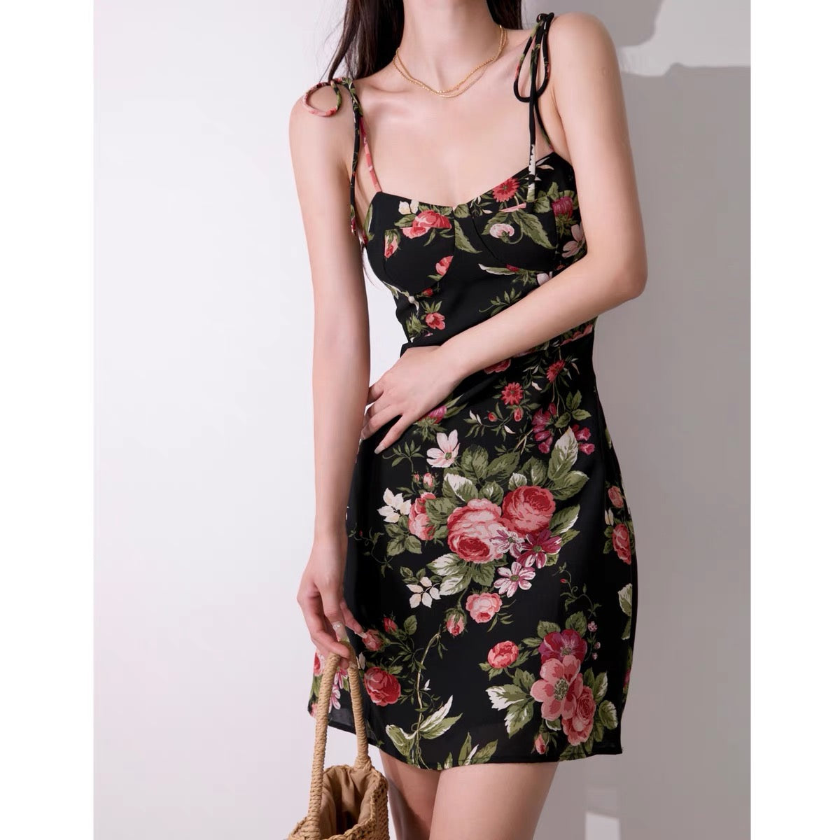 French retro girl fruit print lace-up suspender dress female high waist thin holiday style short skirt A-line skirt