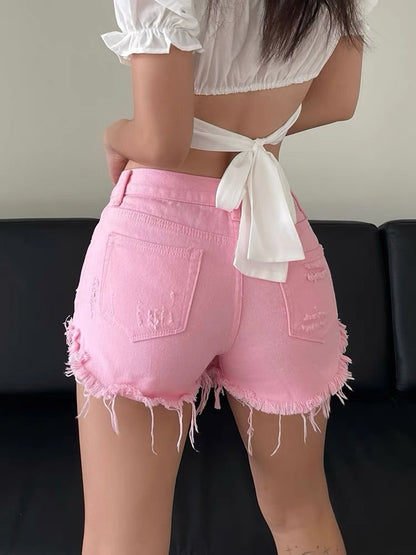 Well also hot girl ripped denim shorts women's 2022 summer new thin niche high waist show thin raw edge hot pants