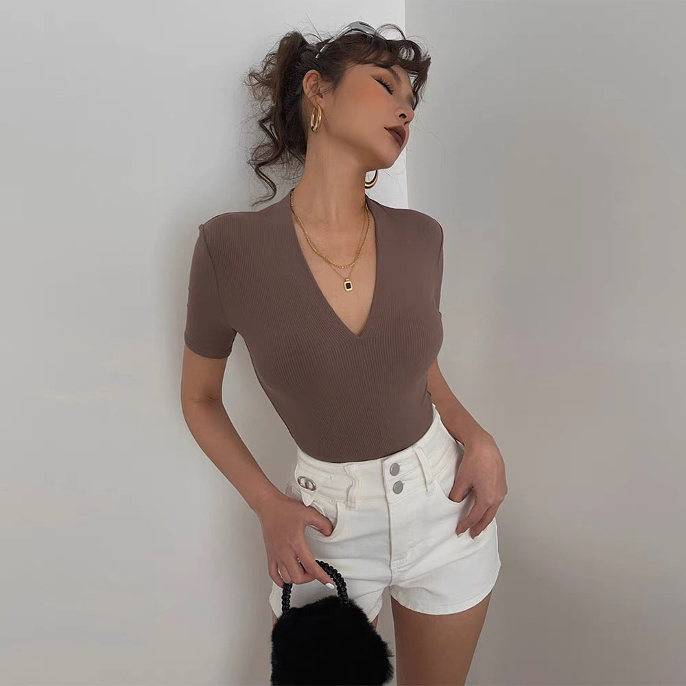 Homemade high elastic super thin sexy V-neck exposed collarbone short-sleeved T hot girl bottoming shirt hot summer must