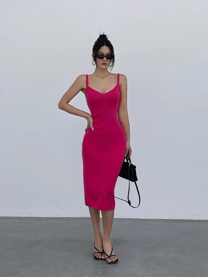 Well also French rose red sexy v-neck suspender dress summer women's thin high-quality temperament waist long skirt