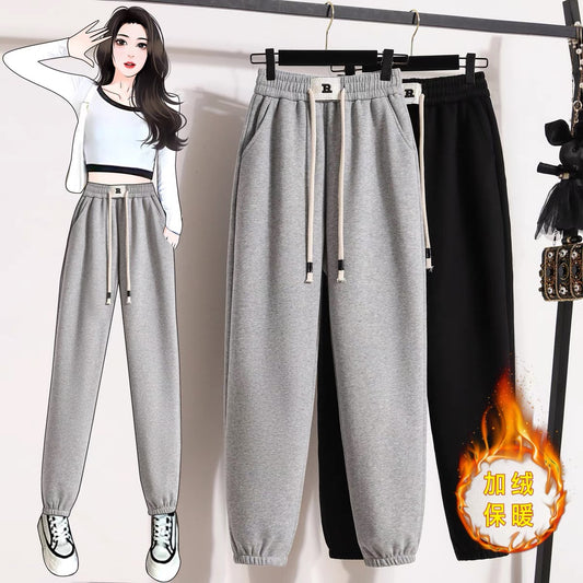 Loose beam gray sports pants women's autumn thin sweatpants 2022 new winter plus velvet casual harem pants tide