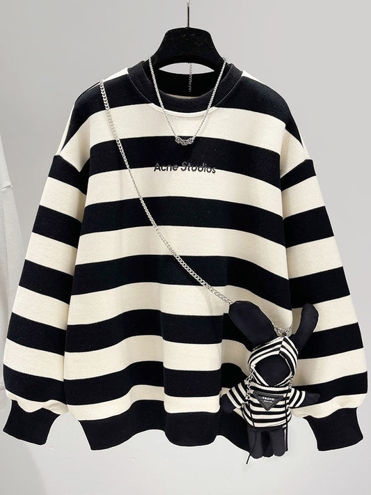 2023 new Korean version plus fleece sweater round neck loose autumn and winter mid-length coat thickened striped top women's tide