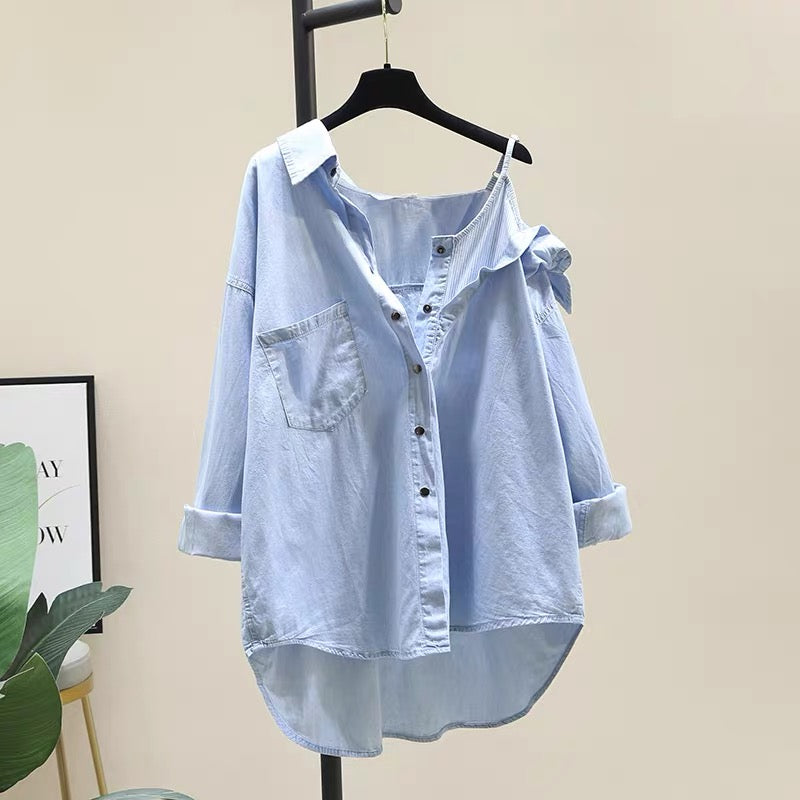 Irregular off-the-shoulder denim shirt women's 2022 spring and summer new loose casual fake two-piece shirt long-sleeved top trendy