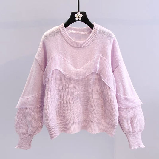 Early autumn thin lace stitching sweater women's 2022 new Korean version loose small fresh western style all-match knitted top