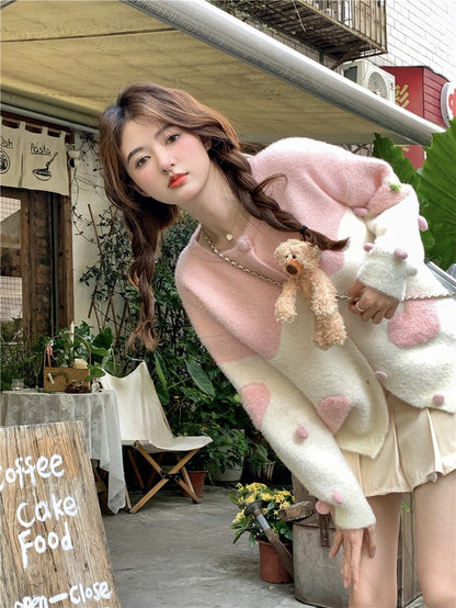 kumikumi sweet age-reducing heavy industry bear love imitation mink knitted cardigan autumn gentle sweater jacket female