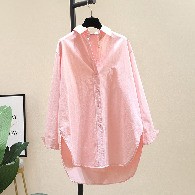 Shirt women's long-sleeved 2023 spring new Korean version loose design sense niche layered mid-length pink shirt trendy