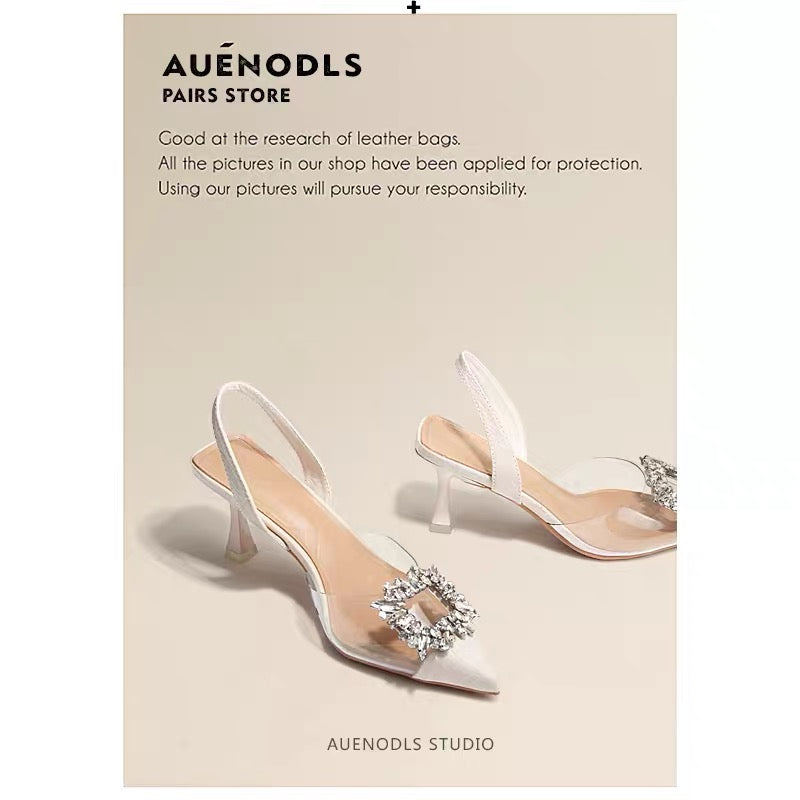 AUENODLS nude apricot transparent square buckle back empty stiletto toe sandals professional interview pointed high-heeled shoes women