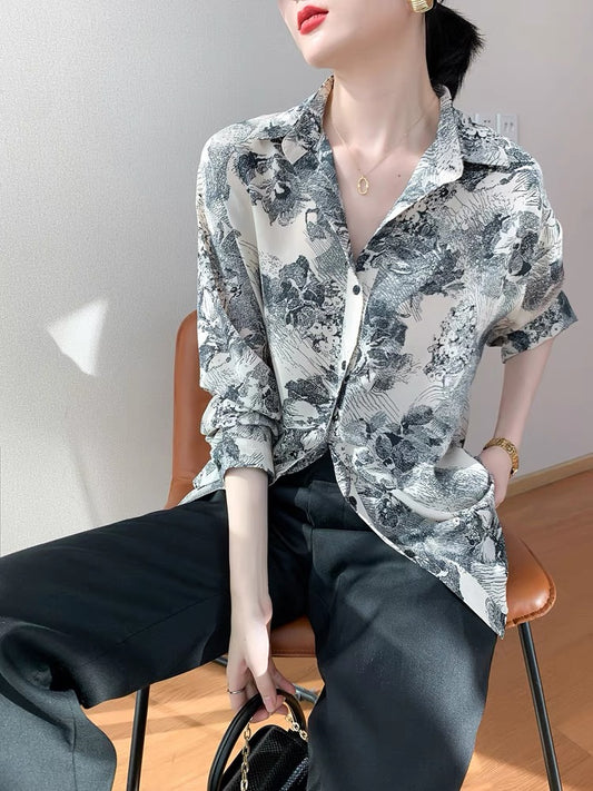 (Pre-Order) Spring and autumn new Korean version of the retro ink printing chiffon shirt women's loose and thin salt series long-sleeved stacked shirt