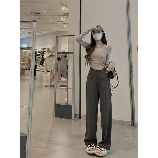 Hanging neck design sense drawstring long-sleeved T-shirt drape wide-leg trousers women's spring 2023 new Korean fashion suit