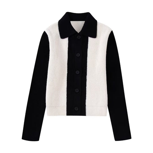 KASLEAD new women's clothing European and American style lapel long-sleeved stitching knitted cardigan jacket 4938108 712