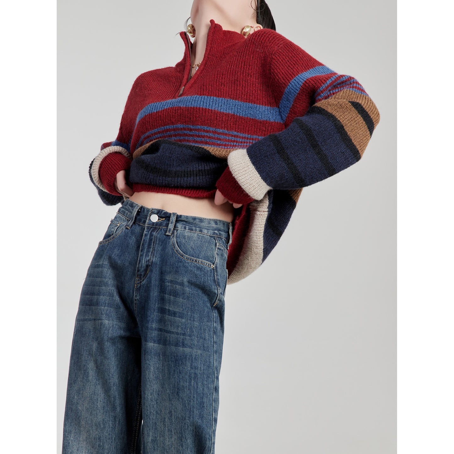 LLL LAB/This year's popular sweater retro striped knitted stand collar high-quality Hong Kong-style chic top