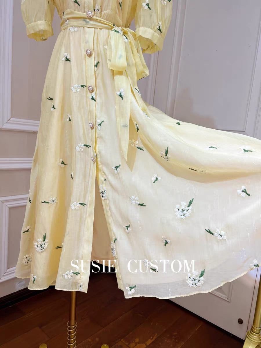 High custom heavy industry embroidery flower doll collar beaded puff sleeves single-breasted straps waist wide swing slit long skirt