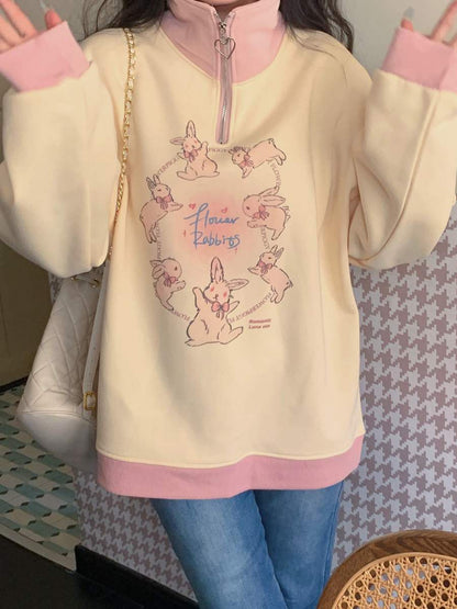 Huazhu Store [Sweet Rabbit] Japanese Milky Yellow Bunny Color Matching Polo Collar Sweater Loose Long-sleeved Printed Top