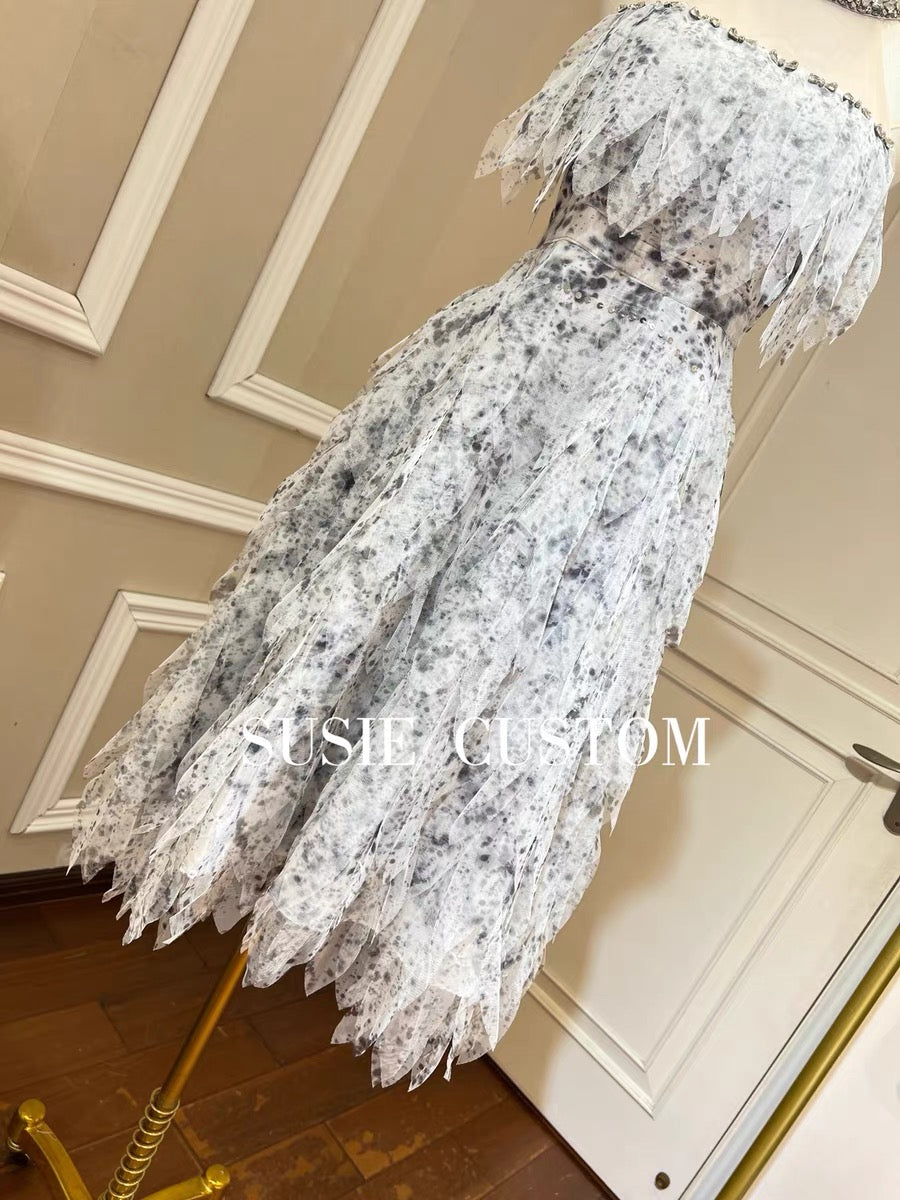 High custom heavy industry rhinestone decoration halter neck mesh tassel slim waist tutu skirt ink printing dress skirt