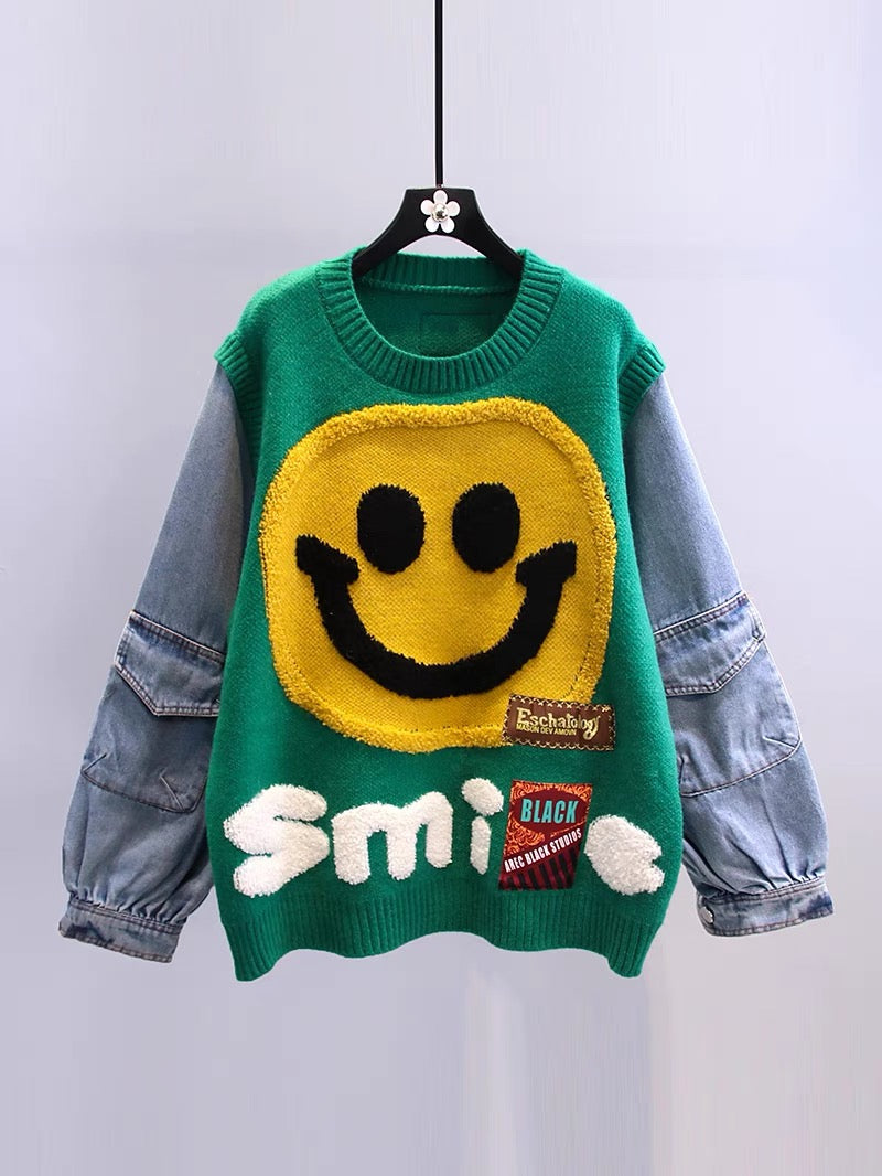 Denim stitching cartoon smiley sweater women's winter 2022 new Japanese style lazy style loose knitted top