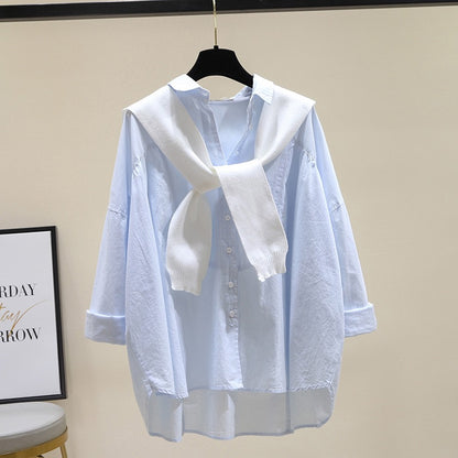 Light blue knitted shawl two-piece shirt women's 2023 spring new loose casual BF style thin white shirt