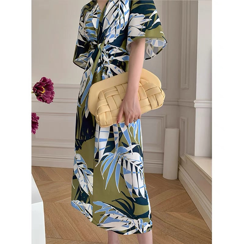 MONA original summer elegant romantic style V-neck print interwoven twist floral design dress women