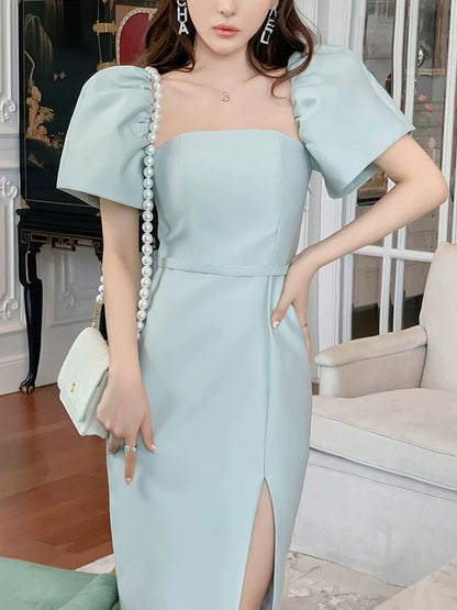 European station 2022 new French niche puff sleeve dress female summer high-end light luxury banquet temperament small dress