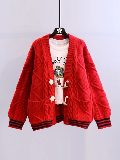 2022 autumn and winter new style twist sweater coat women's Japanese style loose and lazy style outside wearing horn button knitted cardigan