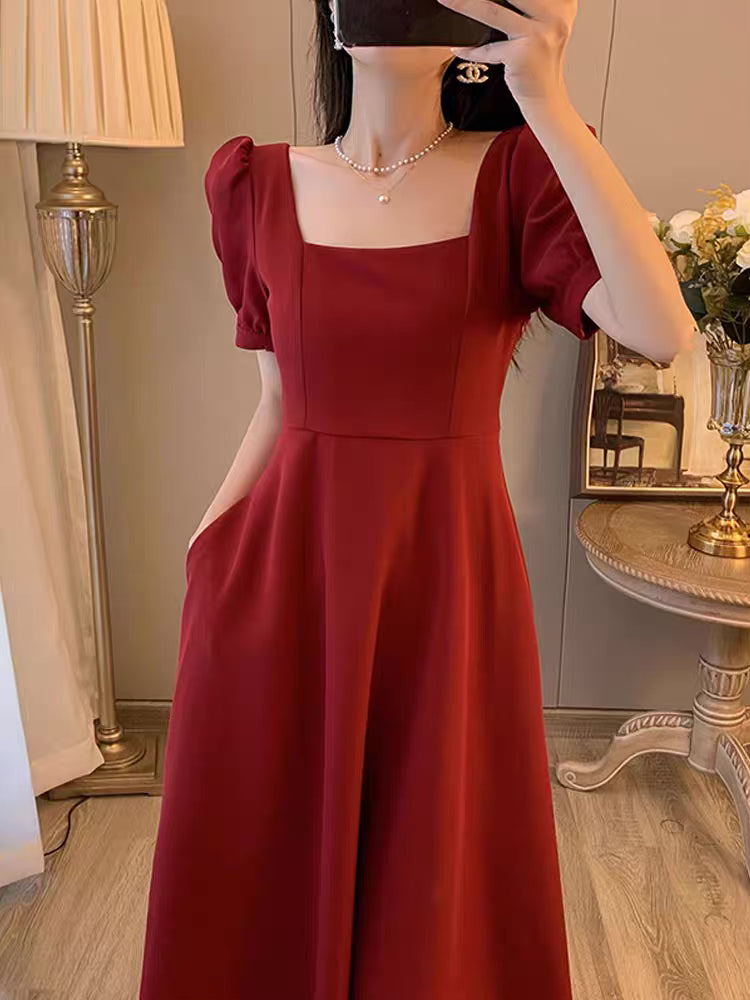 Red Dress Women 2022 Summer New Square Neck French Retro Temperament Slim  Long Dress Puff Sleeve Engagement Dress