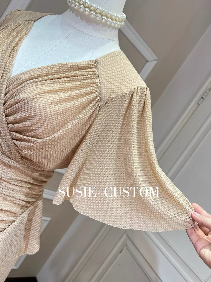 Customized temperament V-neck cover arm lotus leaf sleeves slim waist pleated bag hip long slit elastic dress