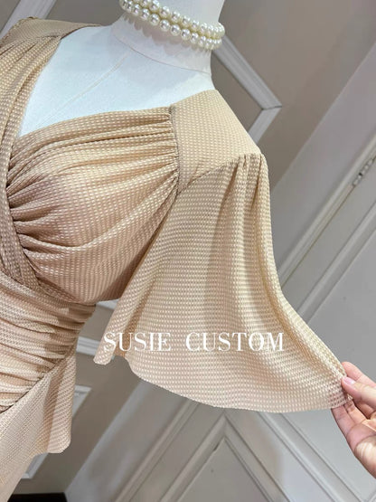 Customized temperament V-neck cover arm lotus leaf sleeves slim waist pleated bag hip long slit elastic dress