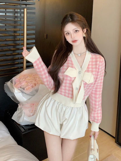 Kalan Yuqi~Korean version of the short style loose outerwear plaid long-sleeved sweater top women's bowknot cardigan sweater