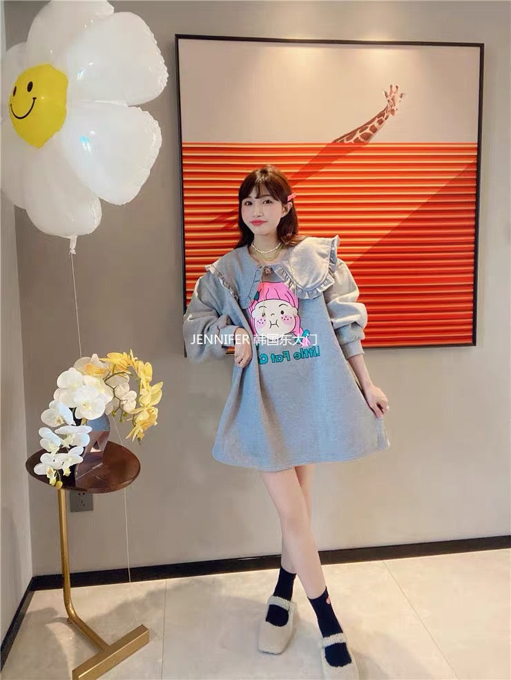 JENNIFER JXLIU Korea Dongdaemun Dong ~ gray fungus edge doll collar cartoon A-line skirt dress