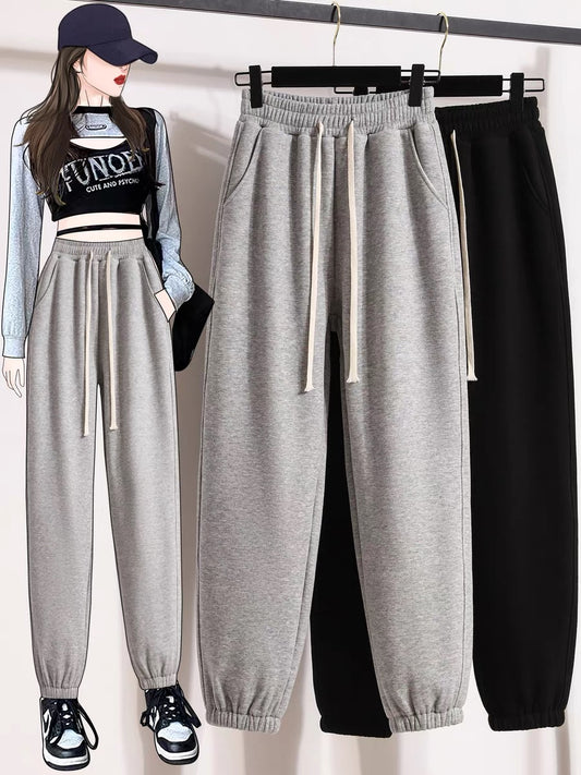 Sports pants women's 2022 autumn and winter new style plus velvet thick warm gray small casual trousers