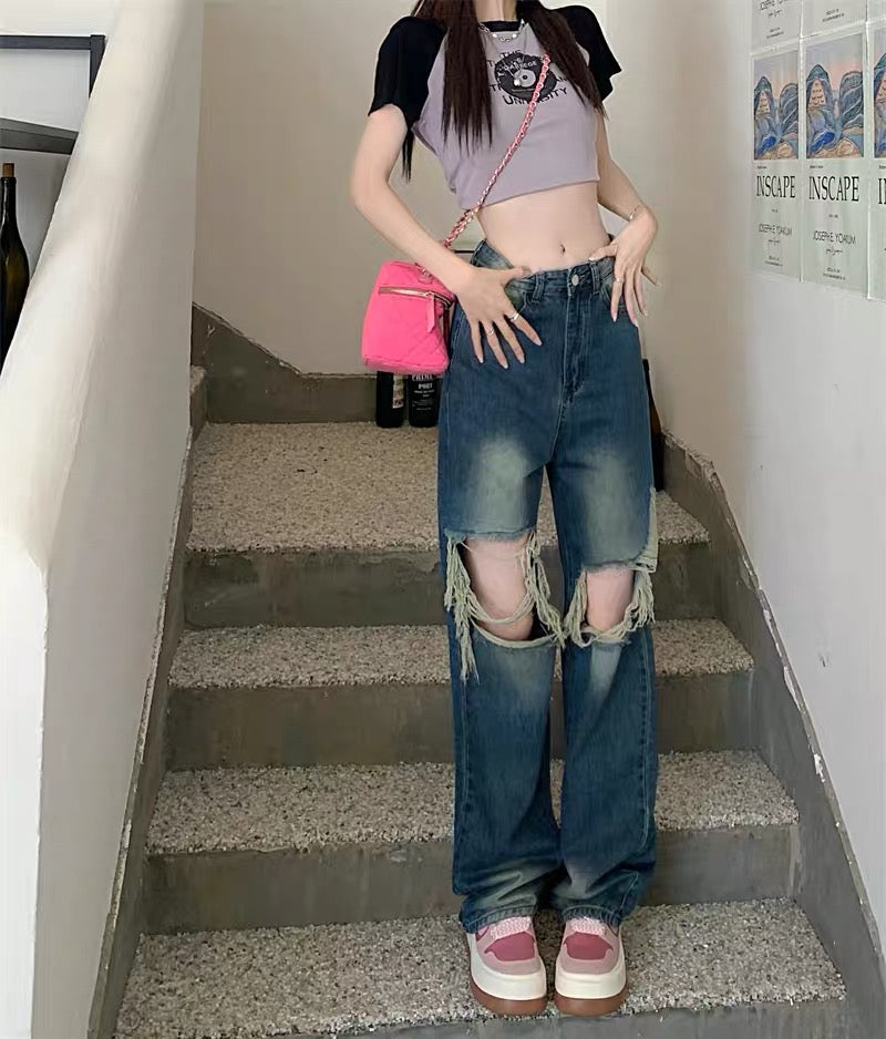 kumikumi fried street jeans women's design sense hole straight pants summer retro high waist loose wide leg pants 8238