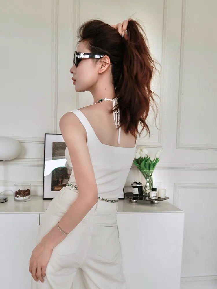 [Earth Store] Sweet hot girl white diamond chain two-piece vest female summer sexy suspender top