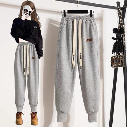 Autumn and winter new fleece sweatpants women's embroidered letter drawstring loose and thin casual harem trousers