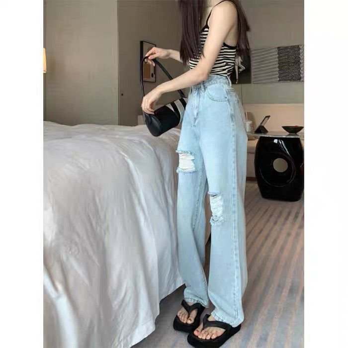 kumikumi light blue jeans women's high waist slim straight wide leg pants summer loose hole mopping pants 2928