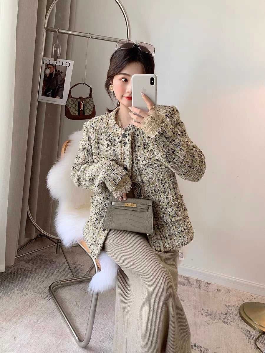 CHICROOM small fragrance coat women's autumn and winter round neck temperament retro short small thick tweed coat