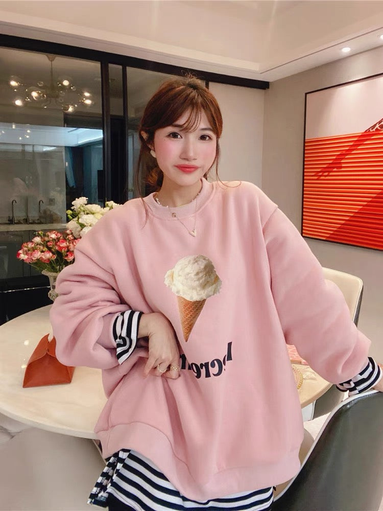 JENNIFER JXLIU Korean winter ~ Western pink ^ ice cream print pattern plus velvet loose sweater